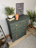 Dark Green Solid Pine Chest Of Drawers, Painted in Rustic Industrial Farmhouse Style