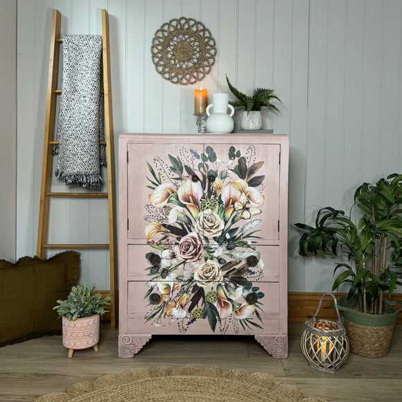 Vintage Linen Cupboard painted blush pink and floral