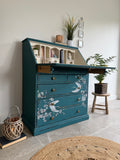 Solid Pine Bureau Desk Painted Rustic Teal with Floral Oriental Decor