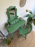 Boho Style Pine Dressing Table, Mirror and Chair Painted Green and Patterned