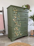 Tall Chest of Drawers Painted Rustic Dark Green with Birds and Floral Decor