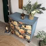 Vintage Bow Fronted Chest Of Drawers Painted Blues and Floral
