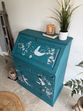 Solid Pine Bureau Desk Painted Rustic Teal with Floral Oriental Decor