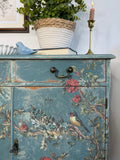 Vintage Cottage Style Console Cabinet / Sideboard painted in rustic chippy blue with birds and florals