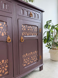 Vintage Carved Sideboard Painted Dark Plum Brown with Copper Detailing