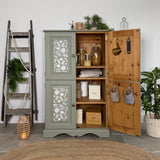 Solid Pine Larder / Pantry / Linen Freestanding Cupboard Painted Green and Botanical