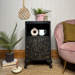 Vintage French style bedside table painted black and gold