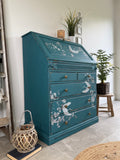 Solid Pine Bureau Desk Painted Rustic Teal with Floral Oriental Decor