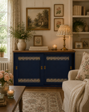 Freestanding Vintage Sliding Door Sideboard Painted Navy Blue and Gold