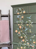 Tall Chest of Drawers Painted Rustic Dark Green with Birds and Floral Decor