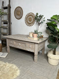 Boho Bone Inlay Style Pine Coffee Table, Painted in Neutral Tan and White Tones