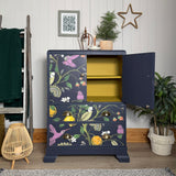 Vintage Linen Cupboard Painted Navy Blue with a Colourful Decoupaged Pattern