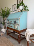 Vintage Oak Bureau Desk Painted Rustic Blue and Floral