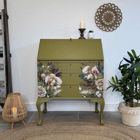 Vintage Writing Desk Bureau Painted Colourful Green, Pink and Floral