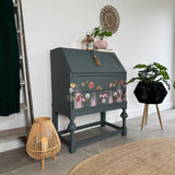 Vintage Bureau Writing Desk Painted Dark Grey, Blue and Floral