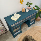 Vintage Desk / Dressing Table Painted Colourful Patterned Blue, Bohemian Style