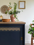 Freestanding Vintage Sliding Door Sideboard Painted Navy Blue and Gold