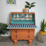 Colourful Orange Art Deco Writing Bureau Desk