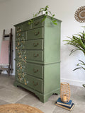 Tall Chest of Drawers Painted Rustic Dark Green with Birds and Floral Decor