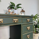 Solid Pine Dark Green Captains Desk - Vintage Industrial Style