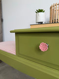 Colourful Green and Pink Stag Minstrel Telephone Table / Gossip Seat / Hallway Bench