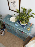 Vintage Cottage Style Console Cabinet / Sideboard painted in rustic chippy blue with birds and florals