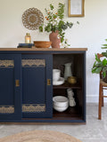 Freestanding Vintage Sliding Door Sideboard Painted Navy Blue and Gold