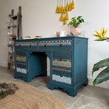 Vintage Desk / Dressing Table Painted Colourful Patterned Blue, Bohemian Style