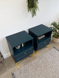 Modern Retro Style Pair of Matching Bedside Tables Painted Blue and Gold