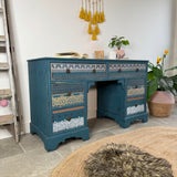Vintage Desk / Dressing Table Painted Colourful Patterned Blue, Bohemian Style