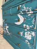 Solid Pine Bureau Desk Painted Rustic Teal with Floral Oriental Decor