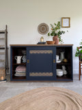 Freestanding Vintage Sliding Door Sideboard Painted Navy Blue and Gold