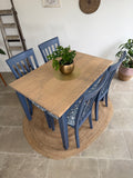 4 Seater Rustic Dining Table and Chairs Painted Blue with Patterned Fabric Cushioned Seats