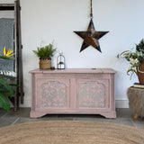 Vintage Carved Storage Bench, Painted Rustic Style Pink and Grey