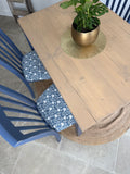 4 Seater Rustic Dining Table and Chairs Painted Blue with Patterned Fabric Cushioned Seats