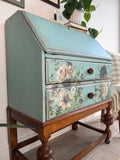 Vintage Oak Bureau Desk Painted Rustic Blue and Floral