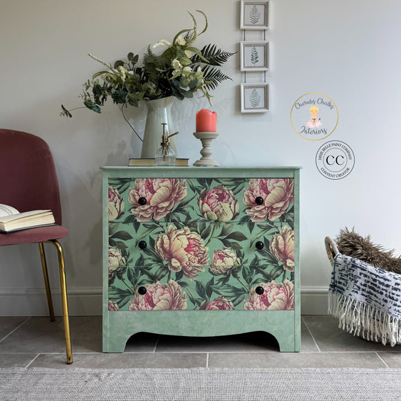 Vintage Small Chest of Drawers, colourfully painted in green and pink florals.