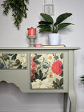 Pretty Light Green and Colourful Floral Console Table with Cupboards and Drawer