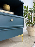 Modern Retro Style Pair of Matching Bedside Tables Painted Blue and Gold