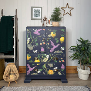 Vintage Linen Cupboard Painted Navy Blue with a Colourful Decoupaged Pattern