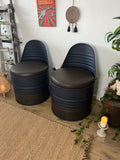 Pair of industrial oil drum seats painted in Navy blue and brown