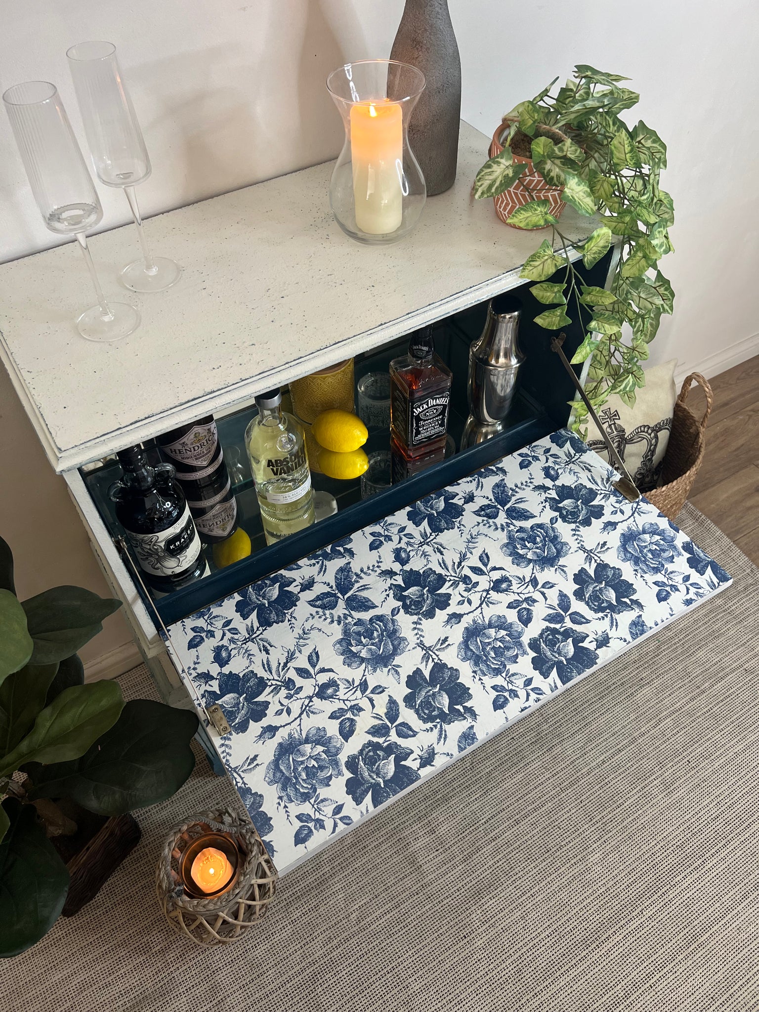 Petite Boho Drinks Cabinet painted White Blue and Floral