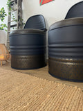 Pair of industrial oil drum seats painted in Navy blue and brown
