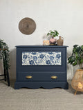 Solid pine blanket box with drawer painted dark blue and white florals