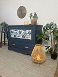 Solid pine blanket box with drawer painted dark blue and white florals